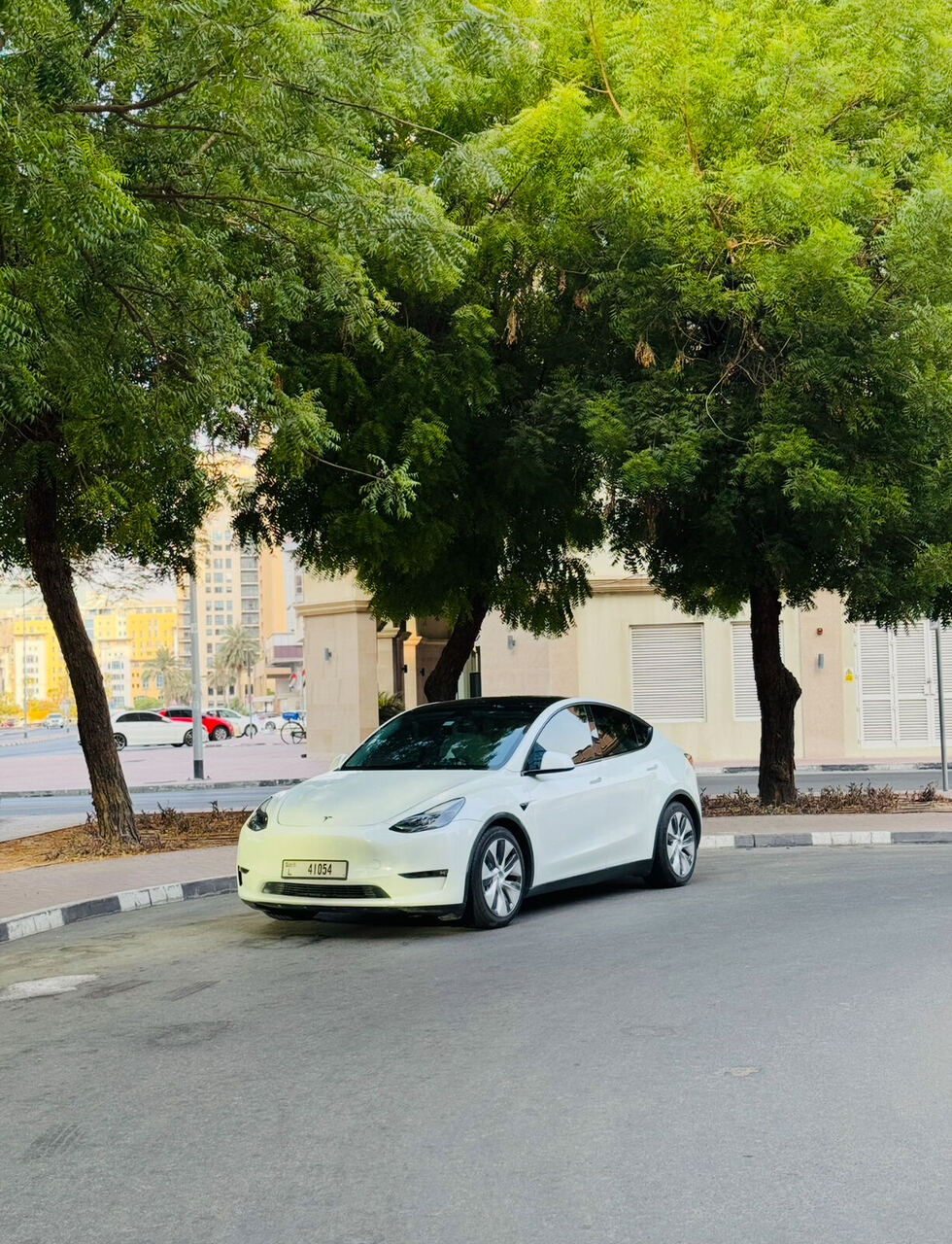 Tesla Model Y — front view on Dubai street