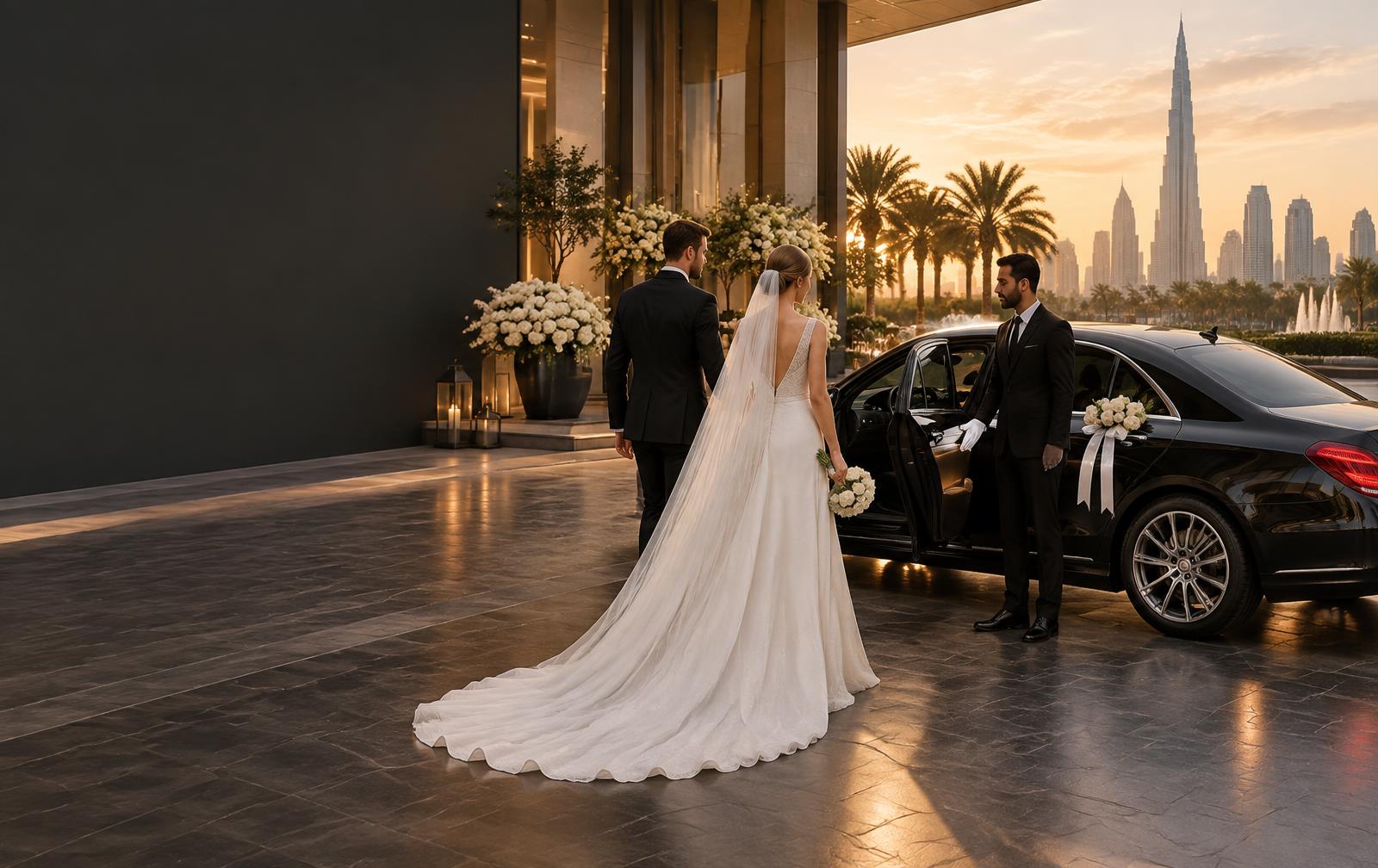Bride and groom arriving in a chauffeur-driven wedding car in Dubai